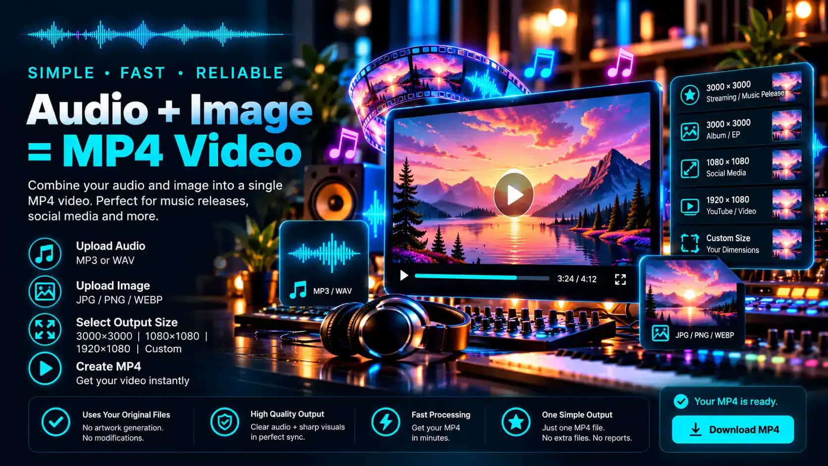 Audio + Image = MP4 Video. Upload MP3 or WAV audio and a JPG, PNG or WebP image, choose 3000 × 3000, 1080 × 1080, 1920 × 1080 or a custom size, and create one MP4 — uses your original files, high-quality output, fast processing, one simple output