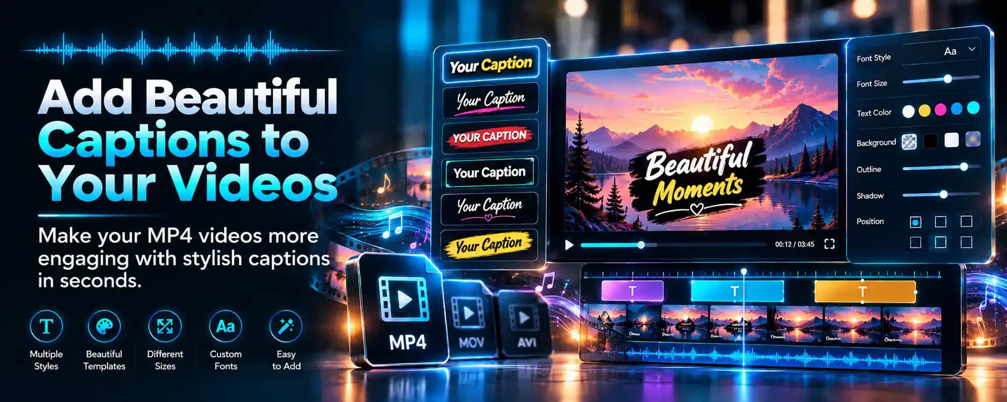 Add beautiful captions to your videos. Make your MP4 videos more engaging with stylish captions in seconds — a caption editor with styles, a video preview, font, colour, outline, shadow and position controls; multiple styles, beautiful templates, different sizes, custom fonts, easy to add