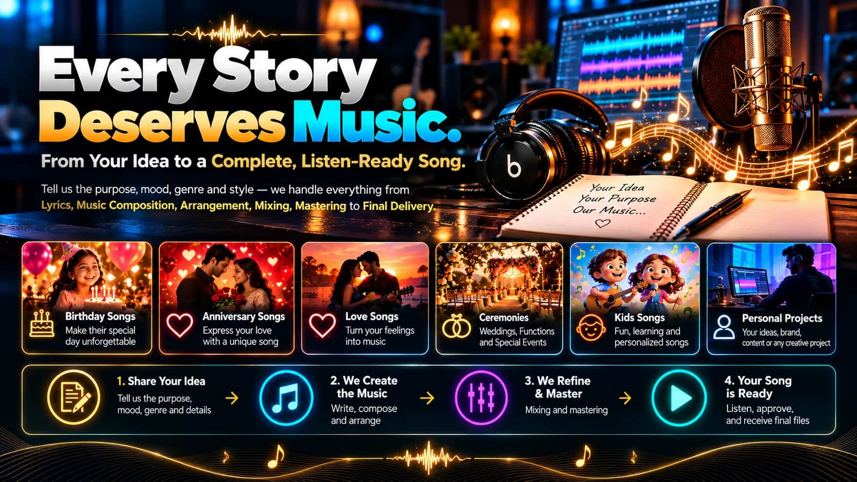 Every Story Deserves Music. From your idea to a complete, listen-ready song. Tell us the purpose, mood, genre and style — we handle everything from lyrics, music composition, arrangement, mixing and mastering to final delivery. Perfect for every moment: birthday songs, anniversary songs, love songs, ceremonies (weddings, functions and special events), kids songs and personal projects. 1. Share your idea, 2. We create the music, 3. We refine and master, 4. Your song is ready.