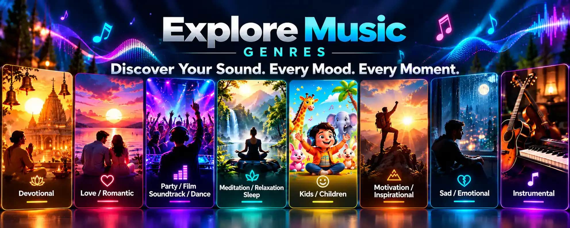 Explore music genres. Discover your sound — every mood, every moment: devotional, love and romantic, party, film soundtrack and dance, meditation, relaxation and sleep, kids and children, motivation and inspirational, sad and emotional, and instrumental