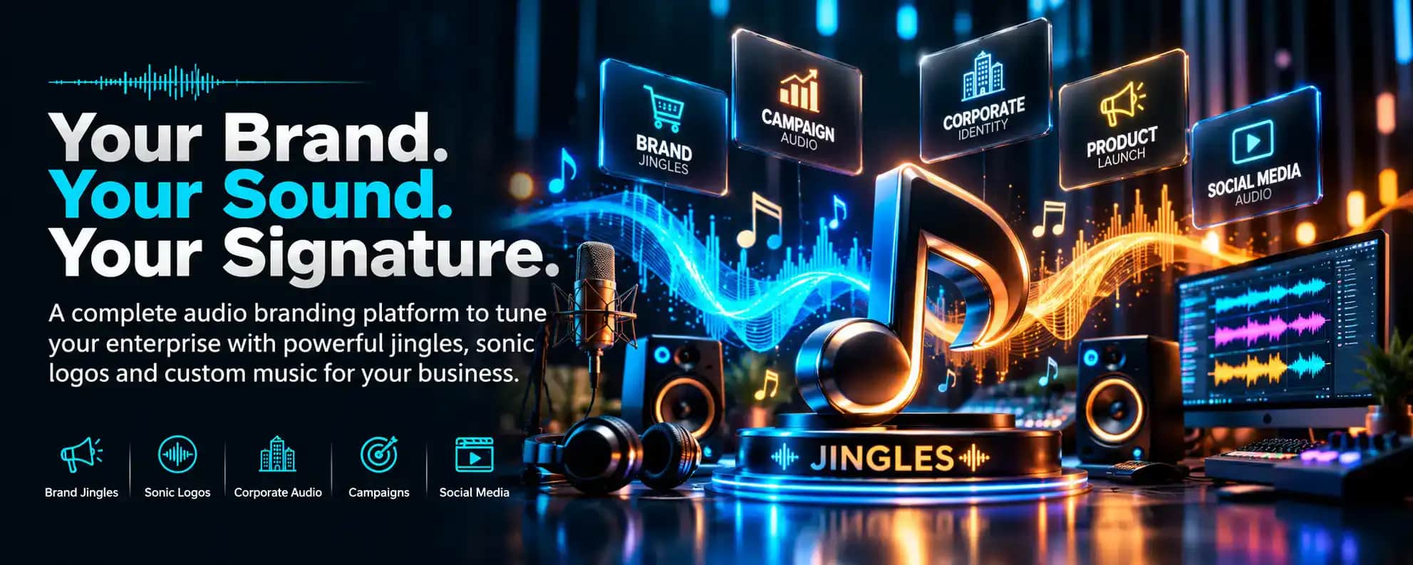 Your Brand. Your Sound. Your Signature. A complete audio branding platform to tune your enterprise with powerful jingles, sonic logos and custom music for your business — brand jingles, sonic logos, corporate audio, campaigns and social media