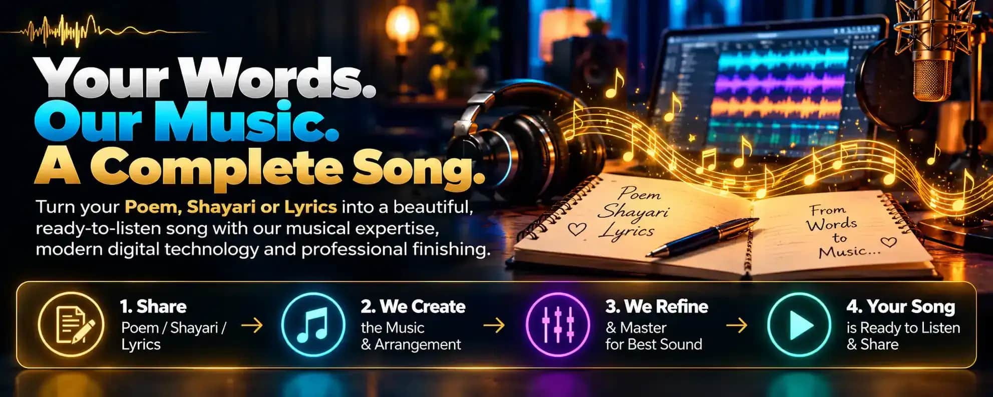 Your Words. Our Music. A Complete Song. Turn your poem, shayari or lyrics into a beautiful, ready-to-listen song with our musical expertise, modern digital technology and professional finishing — 1. Share your poem, shayari or lyrics, 2. We create the music and arrangement, 3. We refine and master for the best sound, 4. Your song is ready to listen and share. Multiple genres, high-quality audio, personal touch.