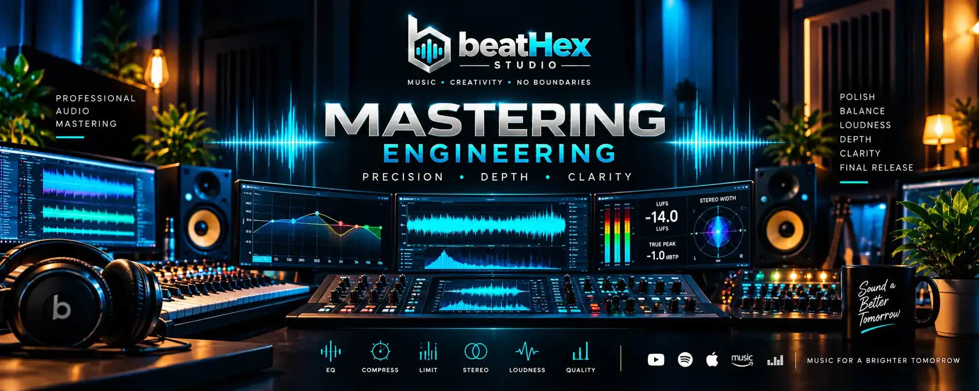 Beathex Studio Mastering Engineering — precision, depth, clarity: a studio desk with EQ, waveform, −14.0 LUFS and −1.0 dBTP meters, and EQ, compress, limit, stereo, loudness and quality controls