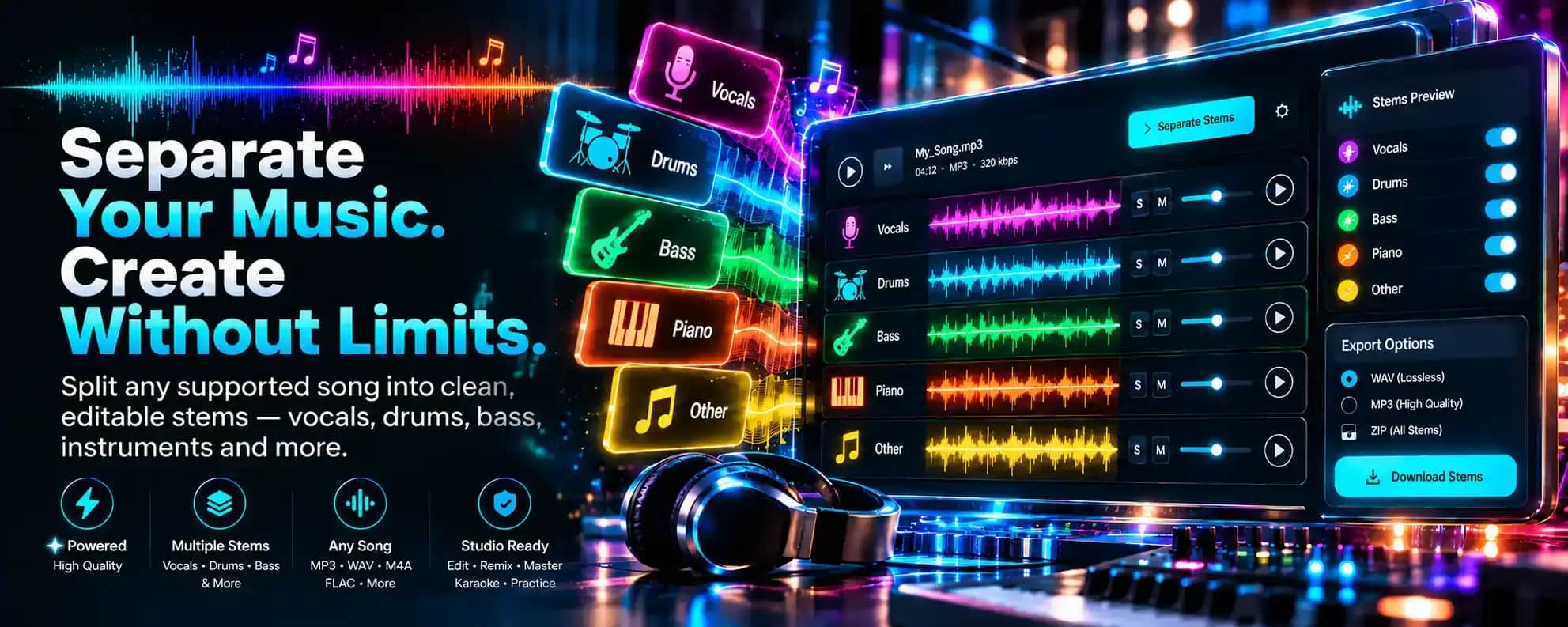 Separate your music. Create without limits. Split any supported song into clean, editable stems — vocals, drums, bass, piano and other — high quality, MP3, WAV, M4A and FLAC, studio ready
