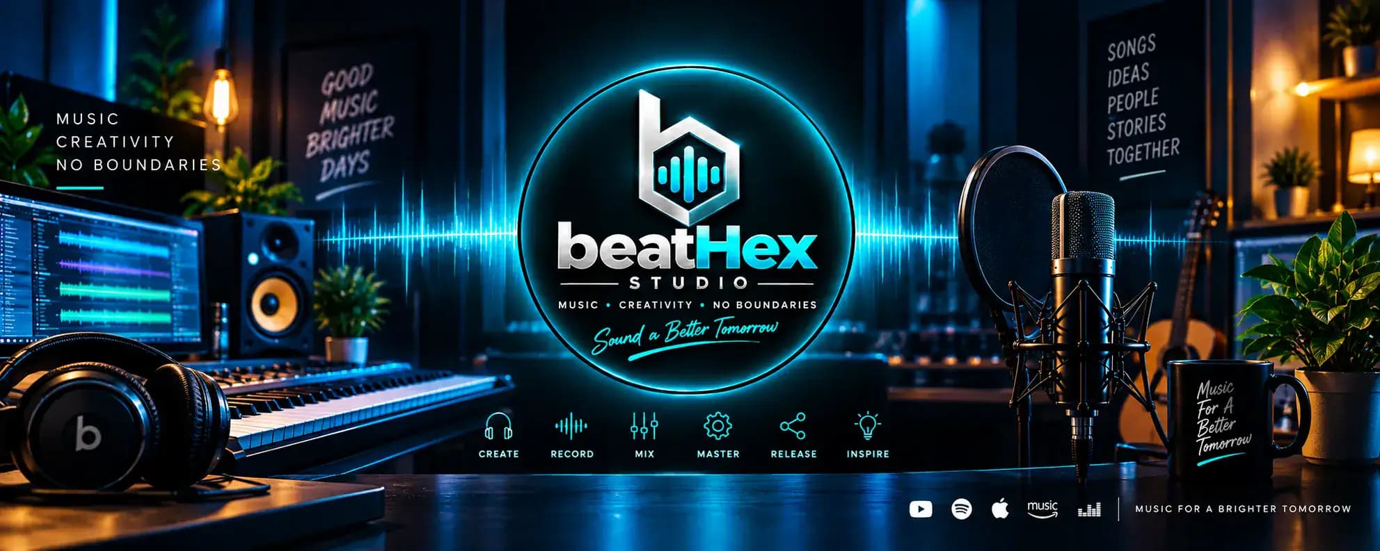The Beathex Studio: keyboards, monitors and a studio microphone under blue light, with the Beathex Studio seal